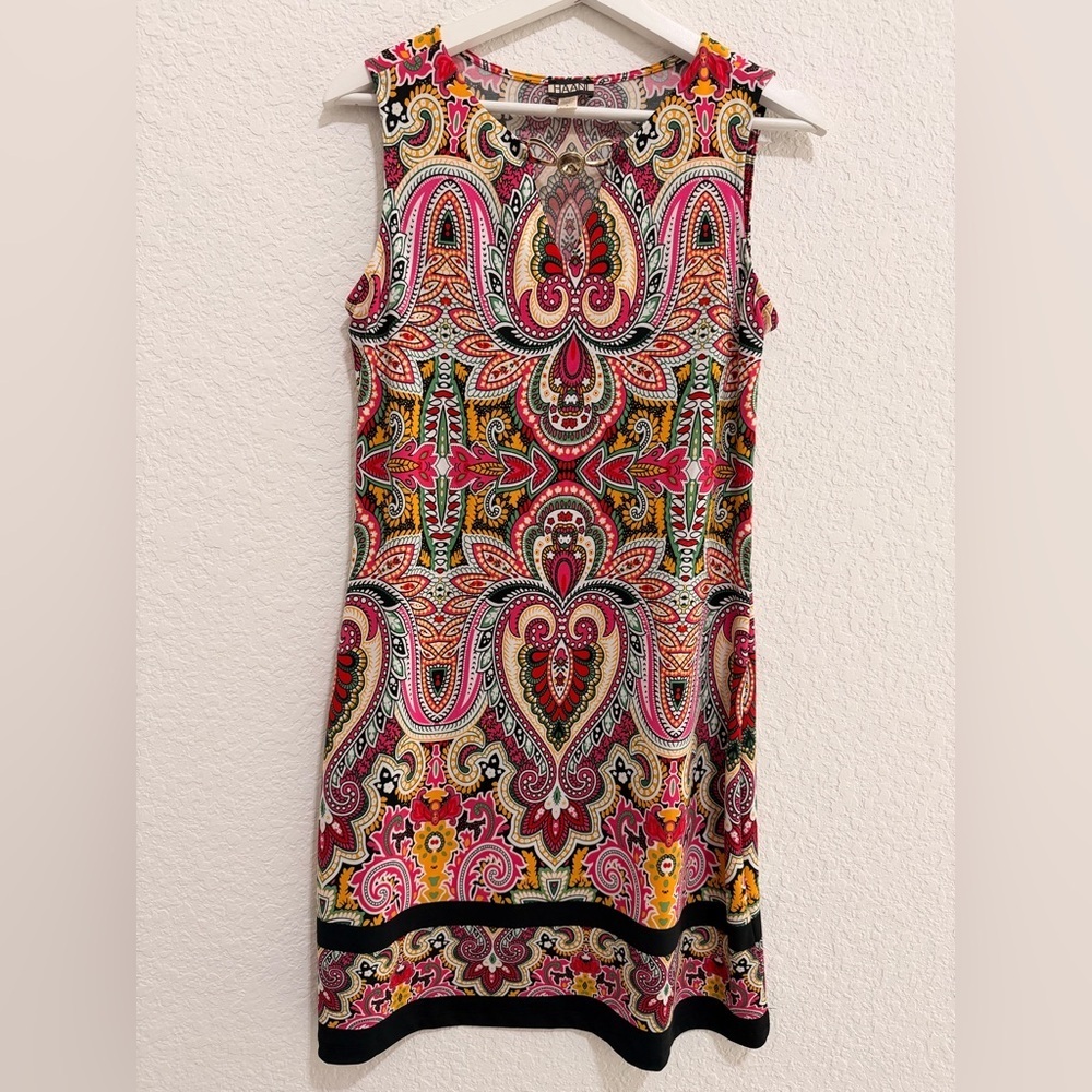 Haani Colorful Paisley Dress | Gold Detail Rhinestone Neckline Stretch Fit